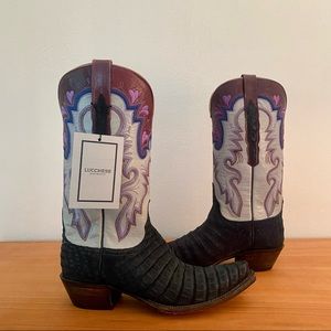 Navy Suede Cowgirl Boot - crocodile skin impression on suede leather